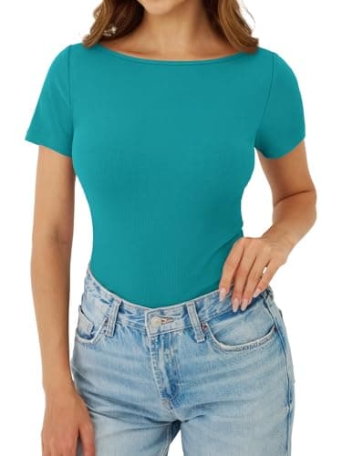 GKBK Boat Neck Tops for Women Ribbed Short Sleeve T-Shirts Slim Fitted Tight Compression Top Soft Y2K Basic Casual Going Out Tops for Spring Summer 2026 Trendy Fashion Outfits Cyan - Thumbnail 6