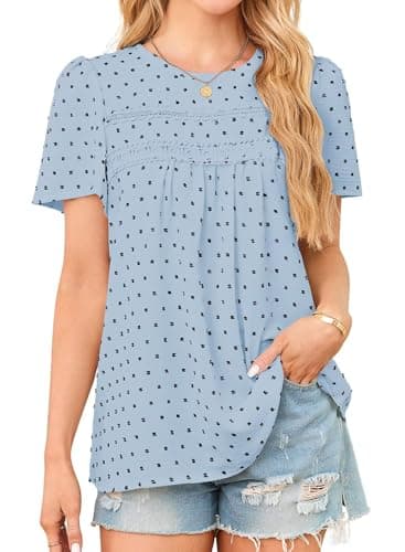 Falechay Blouses for Women Fashion 2026 Hook Flower Lace Crew Neck Boho Tunic Tops Short Sleeve Fall Shirts Light Blue-Black Dots XXXXXXL - Image 1