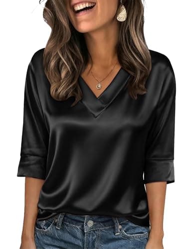 Bakoliza 3/4 Sleeve Tops for Women Trendy Dressy Casual Blouses V Neck Summer Clothes Basic Shirts Womens Clothing Black - Image 1