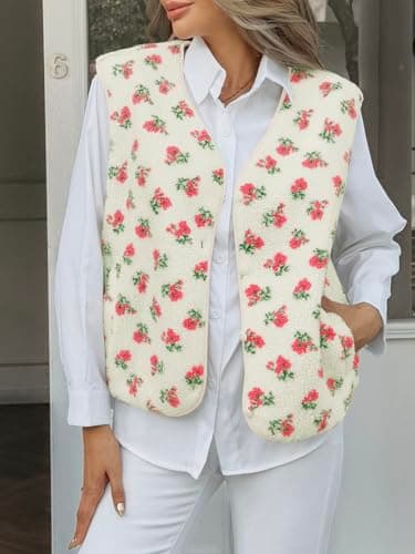 Cicy Bell Womens Fuzzy Fleece Vest Fall Floral Sleeveless Sherpa Jacket Lightweight Button Down Warm Outerwear with Pockets - Thumbnail 2