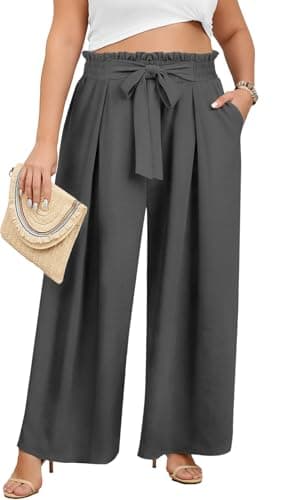 Lastshe Women's Plus Size Pants Wide Leg Work Casual Palazzo Flowy Elastic High Waisted Tie Knot Trousers with Pockets, Smoke Grey, 1X - Image 1