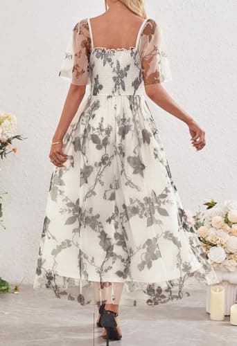 MEROKEETY Women's 2025 Summer Short Sleeve Floral Tulle Dress Square Neck Smocked Party Wedding Boho Maxi Dresses, Beige, XL - Thumbnail 5