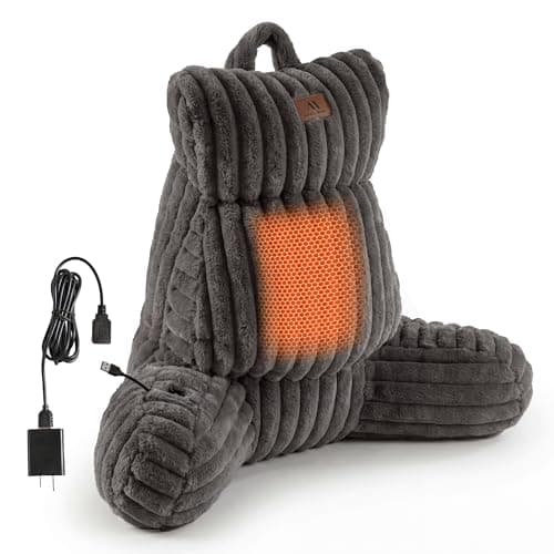 Amélie Home Heated Faux Fur Reading Pillow with Pocket - 3-Temperature Backrest for Sitting in Bed, USB-Powered(No Power Bank Included) Warming (113°F 131°F), 3H Auto Shutoff, Grey, 26 Inches