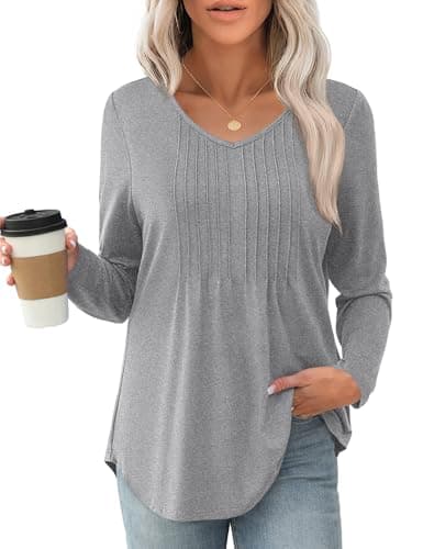 JUSTFASHIONNOW Shirts for Women Trendy Long Sleeve Tops Dressy Blouses Pleated Maternity V Neck Shirt Tunics Early Fall Fashion Winter Clothes (Gray, Large) - Thumbnail 4