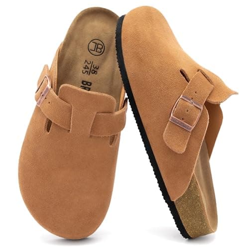 Brelzo Calvior Women's Suede Clogs Men's Slip-On Mules Non-Slip Potato Shoes Arch Support Sandals with Adjustable Buckle for Indoor & Outdoor Use Brown - Image 1