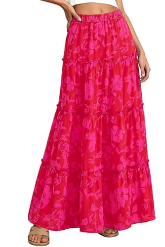 BTFBM Floral Maxi Skirts for Women Summer Spring 2026 Elastic Waist Tiered Flowy Beach Vacation Boho Midi Long Skirt(Floral Red Pink, Large) - Image 1