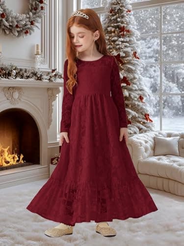 ALLOVIN Toddler & Girls Long Sleeve Lace Flower Girl Dress Maxi Boho A-Line Dress for Wedding Baptism 1st Communion | Burgundy | 3-4Y - Thumbnail 2
