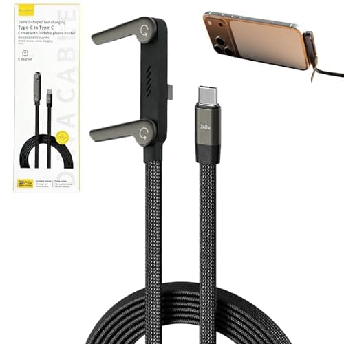 ENSFTF 240W Braided Fast Charge Cable, 90° Right Angle Type-C to Type-C Cord, Durable Foldable Charger Cable for Data Sync - 2-in-1 with Built-in Adjustable Phone Stand - Image 1