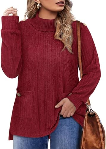 Amrto Plus Size Burgundy Sweater for Women Cowl Neck Sweaters Long Sleeve Knitted Light Weight with Pocket Cotton Winter Outfits Dressy Casual Business Vacation Holiday Travel Work Outdoor with Blazer - Image 1