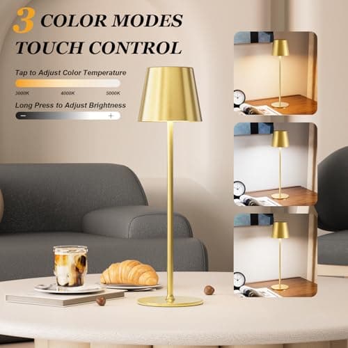 Cordless Table Lamp Rechargeable Gold - KK 2 Pack 5000mAH Battery Operated Lamp for Dining Table, 3 Color Stepless Dimming Waterproof LED Wireless Lamp for Counter, Outdoor Patio, Touch Control - Thumbnail 2