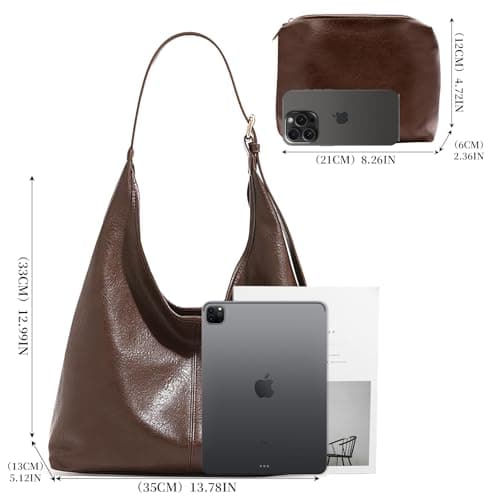 JueiXeoy Hobo Bags for Women Slouchy Tote Bag Crossbody Purses 2PCS Retro Vegan Leather Shoulder Handbags with Coin Purse Set Brown - Thumbnail 4