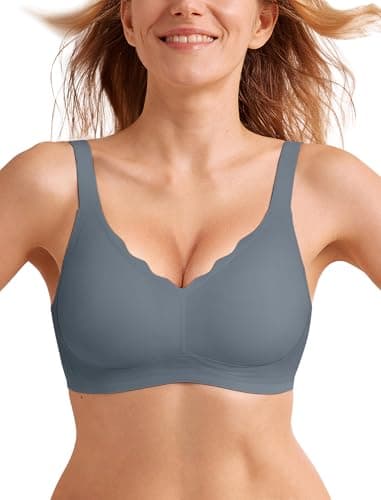 LetsJoli Wireless Seamless Bras for Women No Underwire Push Up Scalloped V Neck Full Coverage Support Bralettes Everyday Bras Blue - Image 1