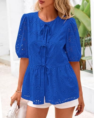 KIRUNDO Peplum Tops for Women 2026 Summer Eyelet Tie Front Blouses Casual Short Lantern Sleeve Cute Y2K Lace Babydoll Shirts(Blue, Medium) - Thumbnail 4