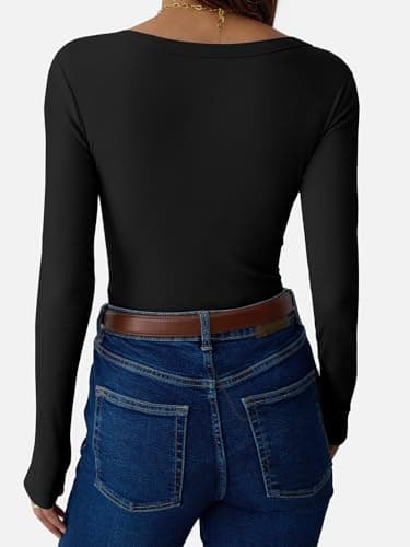 GKBK Women Long Sleeve V Neck Ribbed Knit Slim Fitted Shirts Basic Tee Cute Tshirts Going Out Tops 2025 Fall Winter Casual T Shirts Blouse Outfits Work Fashion Trendy Clothes Black XS - Thumbnail 4