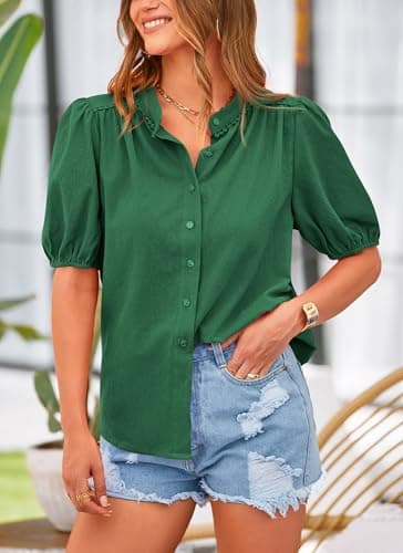 PRETTYGARDEN Women's 2026 Summer Button Down Shirts Short Lantern Sleeve V Neck Cotton Cute Tops Dressy Casual Blouses (Dark Green,Medium) - Thumbnail 5