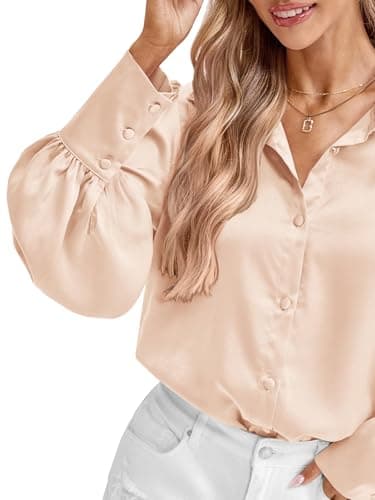 BTFBM Women Blouses Spring Fall Outfits Satin Lantern Long Sleeve Shirts Button Down Dressy Work Business Casual Tops(Beige, Medium) - Thumbnail 6