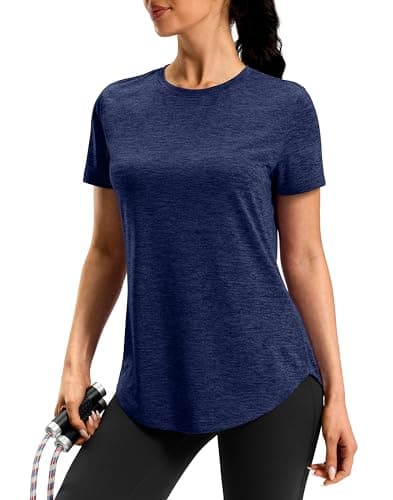 Workout Shirt Women Quick Dry Short Sleeve Athletic Gym Sports Running Lightweight Long Tops for Women Hip-Length Coverage (Navy Blue,3X-Large) - Image 1