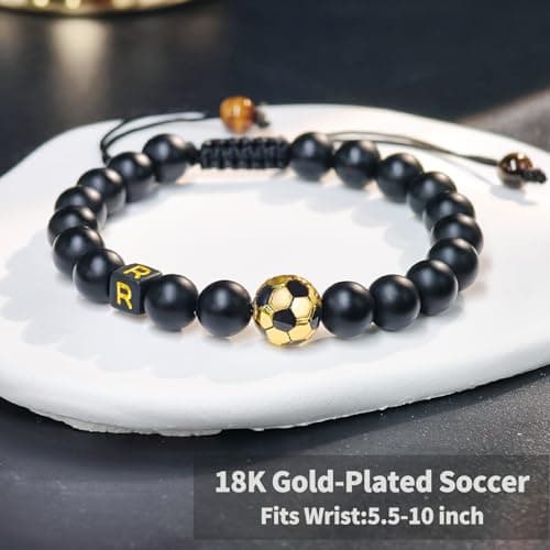 GIGLIM Soccer Initial Bracelet for Boys Men 18K Gold Plated Brass Soccer Charm with 19 Obsidian Beads & 2 Tiger Eye Pendants Inspirational Sport Bracelet Birthday Easter Son Grandson Nephew Friend - Thumbnail 4