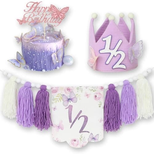 Purple Handmade Half Birthday Decorations, 6 Month Party Set with High Chair Banner, Hat & Cake Topper, Half Way to One Baby Girl Decorations Party for 1/2 Birthday Girl Photoshoot Props - Image 1