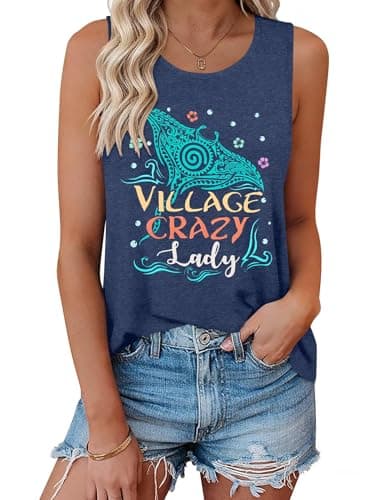 Village Crazy Shirt Summer Tank Tops Vacation Sleeveless Tops for Women Letter Graphic Tank Top Mothers Gifts Blue - Image 1