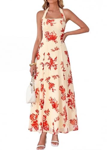 KIRUNDO Women's Summer Sleeveless Halter Floral Maxi Dress 2026 Beach Wedding Guest Cocktail Mesh Flowy A Line Long Sundress(Apricot, Small) - Image 1