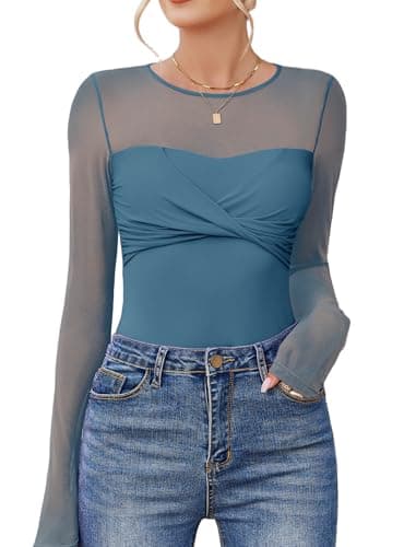 Avidlove Womens Long Sleeve Bodysuit Crew Neck Shapewear Body Suits Mesh One Piece Leotard Shirt Fall Outfits Cottage Blue S - Image 1