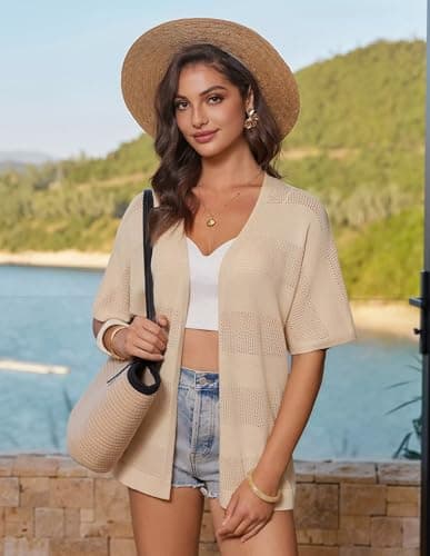 GRACE KARIN Crochet Cardigans Sweater for Women Lightweight Short Sleeve Knit Kimono Open Front Boho Swimsuit Cover Up Apricot - Thumbnail 3