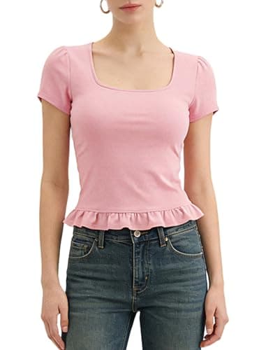Belle Poque 2026 Summer Cute Tops for Women Pink Short Sleeve Crop Tops Square Neck Ruffle Hem T Shirts XL - Thumbnail 6
