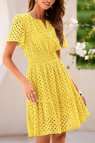 PRETTYGARDEN Womens 2025 Summer Short Dress V Neck Short Sleeve A Line Hollow Out Lace Ruffle Cute Casual Beach Party Dresses (Yellow,Large) - Thumbnail 3