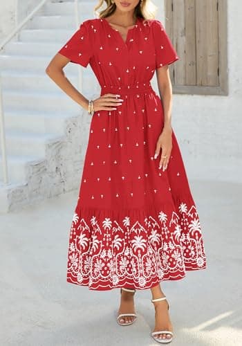 BTFBM Womens Summer Dresses 2026 Casual Short Sleeve Elastic Waist Flowy Beach Vacation Floral Boho Maxi Dress Pockets (Red White Flower, Medium) - Thumbnail 5