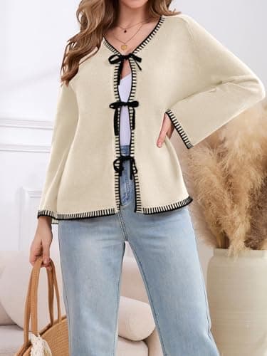 JUYUEO Womens Cardigan Sweater Trendy Long Sleeve V Neck Chunky Open Front Bow Tie Sweater Fall Outwear Beige M - Thumbnail 3