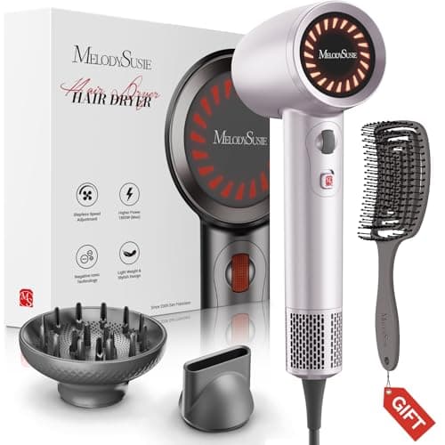 MelodySusie Hair Dryer with Diffuser, 1600W Fast Drying Low Noise Ionic Hair Dryer for Curly Hair with Diffuser,Nozzle and Hair Brush,120,000 RPM Blow Dryer Ideal for Women