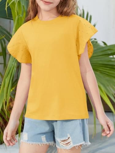 Girls Ruffle Sleeve Shirts Butterfly Sleeve Blouse Summer Eyelet Cute T-Shirt Crewneck Tee Tops for Girls 4-15 Yellow - Thumbnail 2