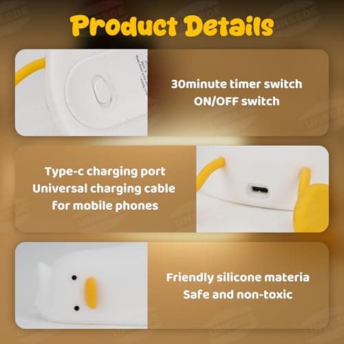 UENEEDE Lying Flat Duck Lamp, 3 Level Dimmable Rechargeable Silicone Night Light, Benson Duck Cute Squishy Touch Sensor Bedside Lamp for Nursery, Breastfeeding, Kids Room Decor - Thumbnail 6