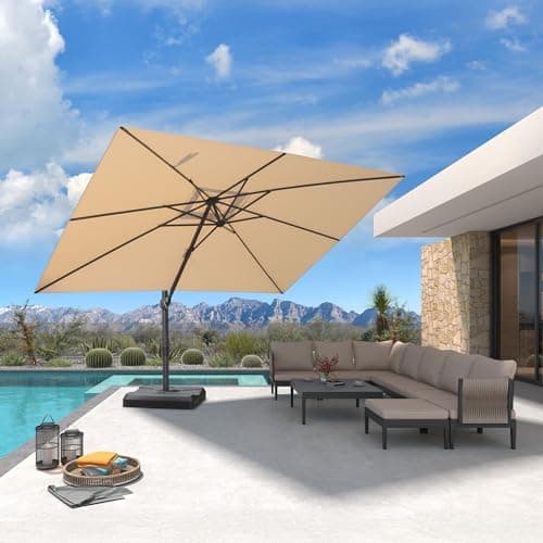 PURPLE LEAF 9' X 11.5' Patio Cantilever Umbrella Outdoor Rectangle Adjustable Offset Umbrellas with 360-degree Rotation and 8 Heavy Duty Metal Ribs for Garden Deck Pool Beige - Image 1