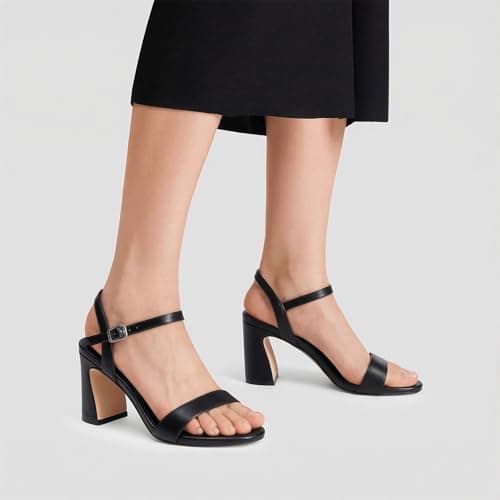 XMWEALTHY Black Chunky High Heels for Women 3-Inch Strappy Open Toe Block Heeled Sandals Ankle Strap Summer Dress Office Work Prom Heels Size 5.5 - Thumbnail 2