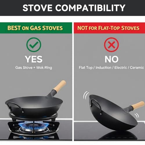 WANGYUANJI 14.2" Carbon Steel Wok Round Bottom (Gas Stove Only Requires Separate Wok Ring for Flat Grates) Heavy Duty Nitriding Iron Stir Fry Pan (Spatula & Brush Included - Lid & Ring NOT Included) - Thumbnail 5