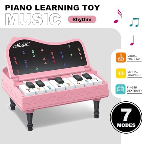 Mini Piano for Kids with Music Notes Guiding- 13 Keys Pocket Travel Keyboard Toy with 7 Modes - Portable Musical Instrument Toys Birthday Gifts 3 4 5 6 Year Old Boys Girls (Pink) - Thumbnail 2