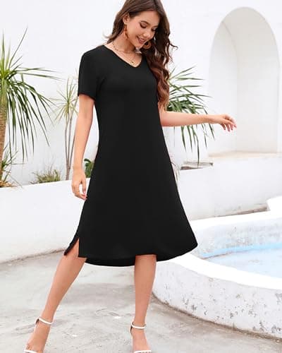 VOBCTY Women's Casual Tshirt Dress Short Sleeve Summer Soft Material V Neck Dresses Black Large - Thumbnail 6