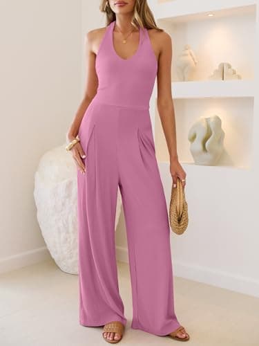 ANRABESS Jumpsuits for Women Summer Halter V Neck Backless Wide Leg Flowy Rib Causal Dressy Rompers 2026 One Piece Outfits Pink Large - Thumbnail 2