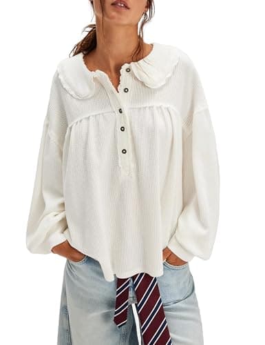 KGGT Women's Waffle Knit Tops Long Sleeve Henley Shirts Oversized Pullover Peter Pan Collar Loose Tunic Blouses(White,L) - Image 1
