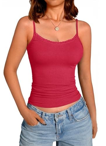 GKBK Sleeveless Camisole Tank Tops for Women Y2K Spaghetti Strap Lace Scoop Neck Slim Fit Basic Cami Shirts Going Out Beach Vacation Summer Top Red XS - Image 1