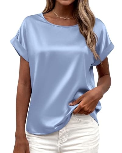 BTFBM Womens Summer Tops Satin Blouses Dressy Casual Loose Crewneck Short Sleeve Shirts 2026 Work Business Outfits(Light Blue, Medium) - Image 1