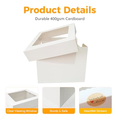 5 Sets Cake Boxes,10x10x8 Inch Tall Cake Box with Cake Boards 10",Disposable Cake Containers with Lids,White Bakery Boxes with Large Window,for Layer Cakes,Pies,Donuts,Cookies,Wedding,Birthday,Party - Thumbnail 3