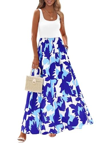 KIRUNDO Women Summer Sleeveless Boho Floral Maxi Dress 2026 Scoop Neck Tank A Line Flowy Beach Vacation Resort Wear Sundress(White Blue, X-Large) - Image 1
