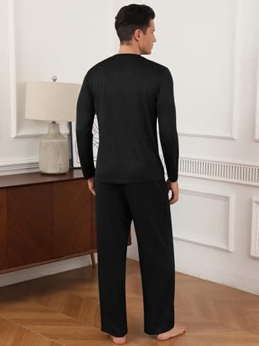 RQP Men's Pajama Set Ribbed Lounge Wear Silky Smooth 2 Piece Sleepwear,Stretch Home Outfits for Men,Black - Thumbnail 6