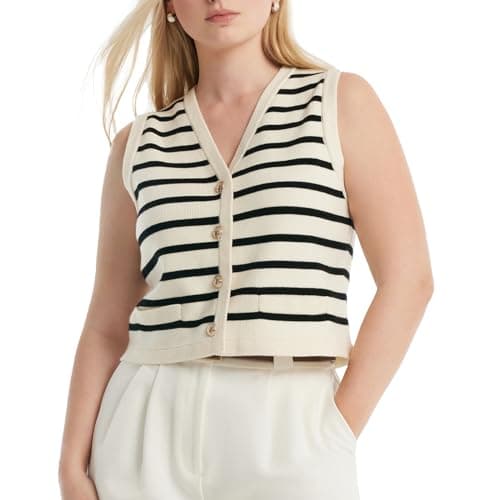 Women's Striped Cropped Knit Vest Sleeveless V Neck with Gold Buttons Business Casual Multi-Season Layering Top Business Casual Work Office Tops Valentines Day Gifts - Image 1