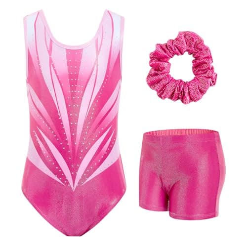 JiAmy Gymnastics Leotards for Girls Sparkly Ballet Dance Outfits with Shorts Scrunchie Teens 3 Piece Set Size 11-12Y Pink - Image 1