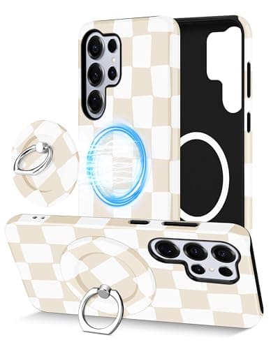 Aitipy Magnetic Checkered Phone Case for Samsung Galaxy S23 Ultra, Compatible with Magsafe, with Cute Checkerboard Stand Ring Holder Aesthetic Protective Phone Cover for Women Girls - Beige - Image 1