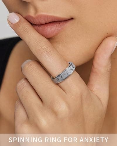 Fidget Toys Adults Anxiety Ring-Fidget Ring Women Men Stress Relief Spinner Fidget Toys Stainless Steel Band with Hollowed Sun Moon Star Sandblasted Surface 6mm Width,18K Gold/Silver Size 6-11 Unisex - Thumbnail 6